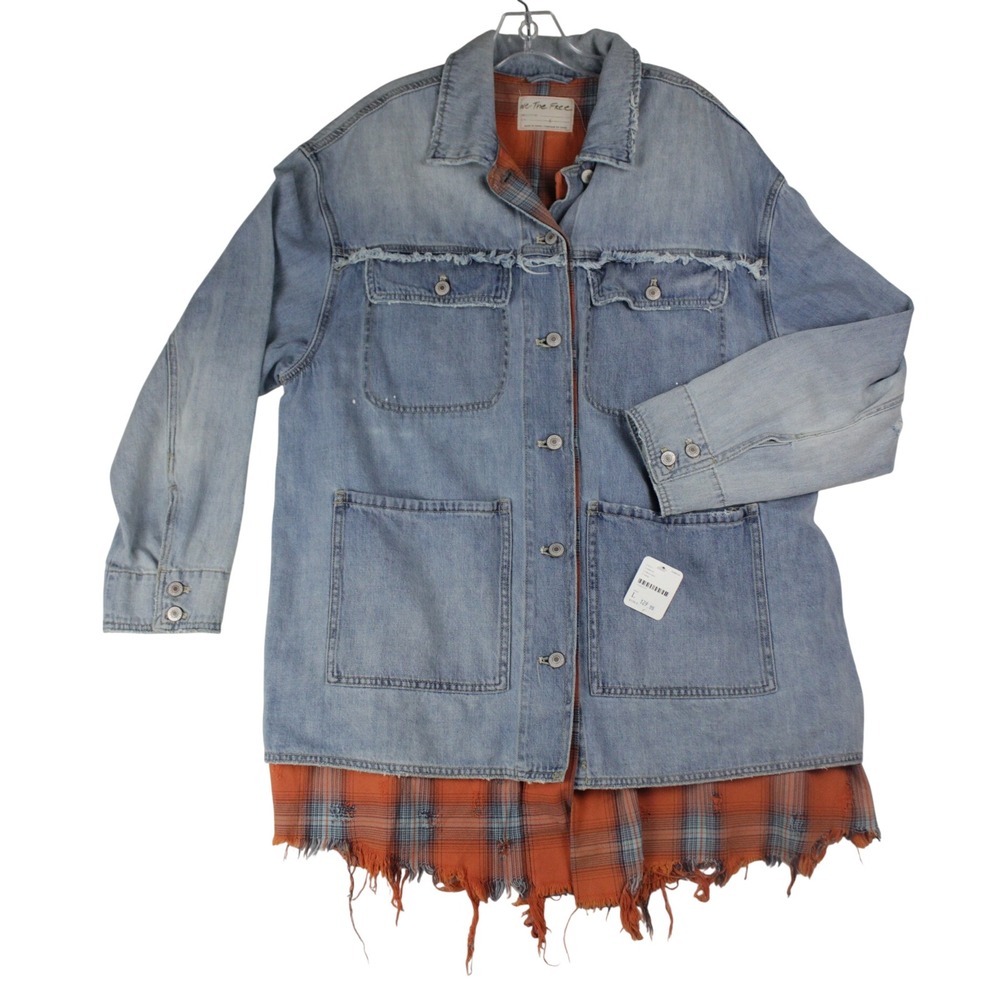 NWT Free People We The Free Denim Plaid Layered Shacket Jacket‎ Boho L